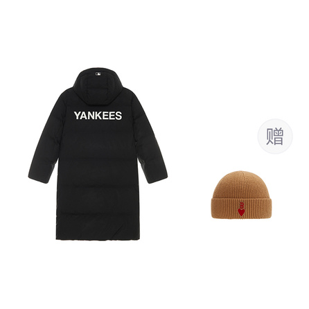 MLB MLB Academy Style New York Yankees FW24 Loose Comfortable Letter 3D Rubber Logo Print Hooded Magnetic Button Dual-Zip Long Down Jacket Knit Beanie Unisex Black
