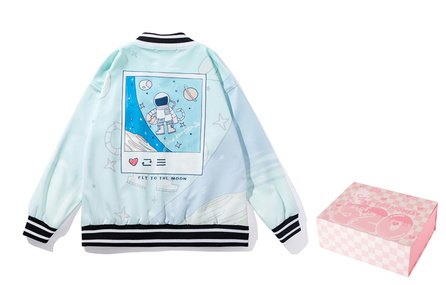 FireMonkey Astronaut Series Letter Print Loose Drop Shoulder Baseball Jacket Couple Blue Back To School Season Gift Box Included