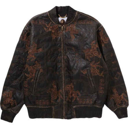 A BATHING APE FW25 Zipper Ribbed Hem Dual Pocket Pattern Embroidery Logo Leather Loose Casual Jacket Coat Men's
