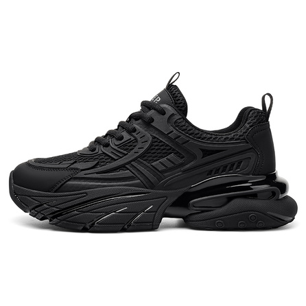 JEEP SPIRIT Single Mesh Lightweight Summer High Aesthetic Full-Length Air Cushion Casual Versatile Streetwear Soft Sole Comfort Travel Commute High Value Wear-Resistant Breathable Height Increasing Low-Top Dad Shoes Men's Black