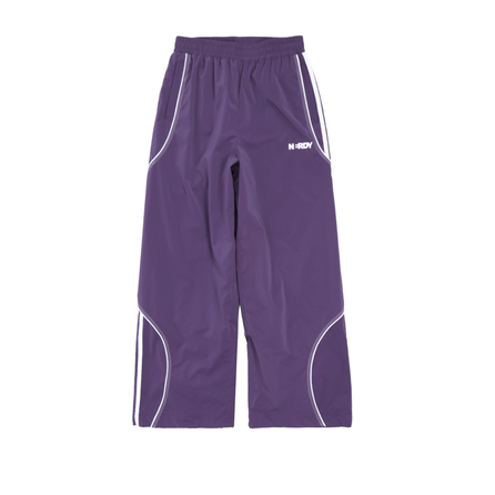 NERDY Asymmetric Double-Stripe Structure Mid-Rise Loose Woven Knit Sport Pants Unisex Dark Purple