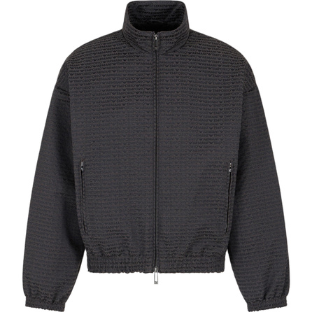 EMPORIO ARMANI Jacquard Lettering Stand Collar Drop Shoulder Zip Jacket Men's Black