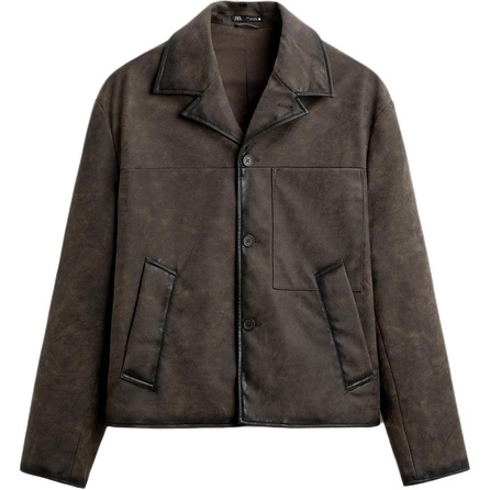 ZARA Washed Faux Leather Lapel Long Sleeve Leather Jacket Men's Brown