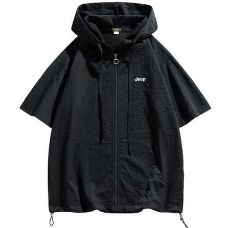 Jeep Solid Color Logo Print Patch Pocket Design Retro Zip Hooded Short-Sleeve Shirt Unisex
