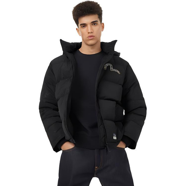 EVISU Hooded Family Flower Print and Carp Embroidery Down Jacket Men's Black