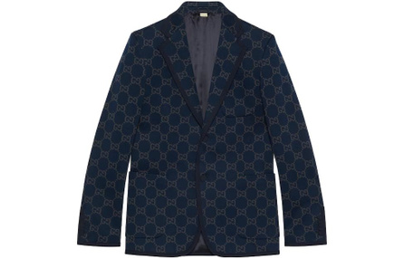 GUCCI SS24 All-Over Print Single-Breasted Long Sleeve Jacket Coat Men's Navy Blue