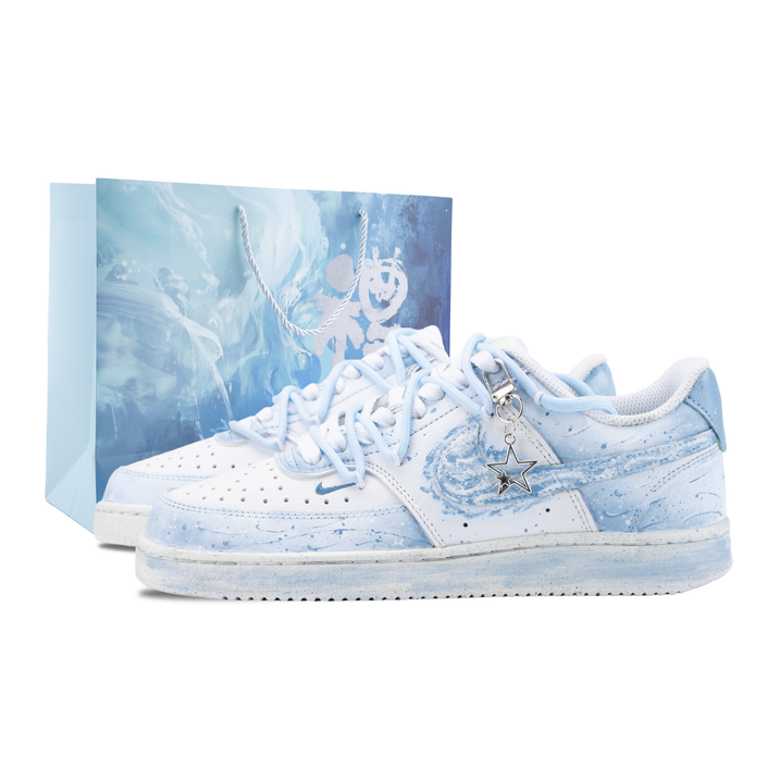 Custom SneakersNike Court Vision Low "Shallow Sea Broken Dream" Special Gift Bag Ice Blue Gradient Blue-White Splatter Summer Fresh Campus Daily Versatile Slip-Resistant Wear-Resistant Low-Top Skate Shoes Women's White-Blue