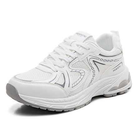 HUANQIU Synthetic Leather Mesh Fabric PU Fashion Comfortable Trendy Versatile Anti-Slip Balanced Lightweight Low-Top Casual Shoes Men's White
