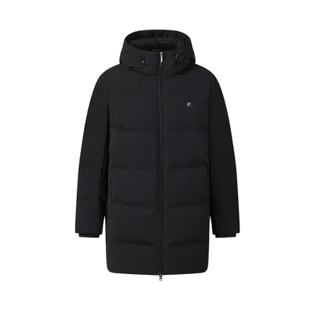 FILA WHITE Classic Fashion Minimalist Warm Goose Down Comfort Versatile Hooded Mid-Length Puffer Jacket Men's Black