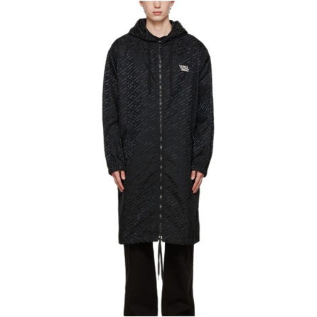 VERSACE Logo Print Hooded Mid-Length Long Sleeve Trench Coat Men's Black