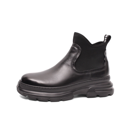 Daying Leather Faux Fur Lined British Style Short Chelsea Boots Men's Black