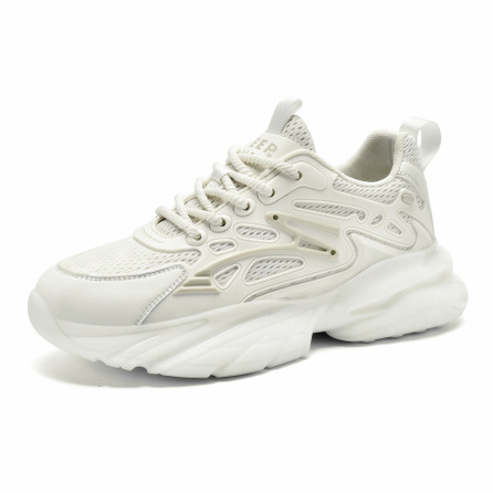 JEEP SPIRIT Autumn Mesh Running Sports Casual White Shoes Full Sole Versatile Trendy Air Cushion Soft Sole High Aesthetic Ultra-Comfortable Thick Sole Wear-Resistant Breathable Lightweight Height-Increasing Low-Top Dad Shoes Men's White