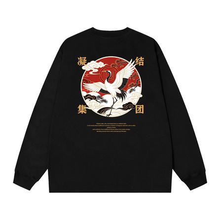 CLOT X CLOTTEE Chinese Style Crane Trendy LOGO Brand Letter Print Casual Vintage Loose Modern Streetwear Fashion Couple Crewneck Pullover American Pure Cotton Breathable Long Sleeve T-Shirt Basic T-Shirt Men's