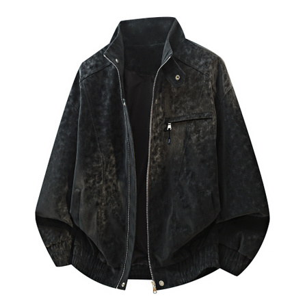 Jeep PU Leather Jacket Versatile Outerwear Spliced Design High Street Cargo Stand Collar Simple Casual Commute Daily Comfortable American Retro Tie-Dye Street Style Light Luxury Old Money Premium Design Personalized Jacket Unisex