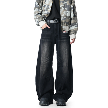 Warrior American Street Retro Distressed Washed Autumn Winter Windproof Cold Protection Warmth Slimming Unisex Commute Outdoor Skin-Friendly Comfortable Fashion Versatile Drape Straight Leg Jeans Unisex