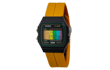 [Custom Watch] CASIO Modified Series Black Resin Case Daily Water Resistant Classic Retro Square Watch F-91W-3 Modified Gravel Rainbow Quartz Movement Silicone Strap Men's Black Dial
