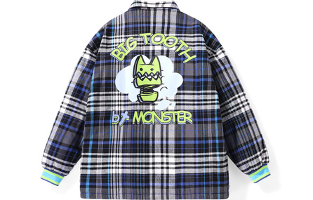 bt Color Block Patchwork Cartoon Graffiti Plaid Print Drop Shoulder Letter Plaid Lapel Loose Cotton Jacket