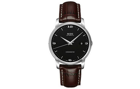 MIDO Baroncelli Series Automatic Mechanical Movement Water-Resistant Date Display Men's Watch Swiss Made 39mm Black Dial Stainless Steel Case Leather Strap