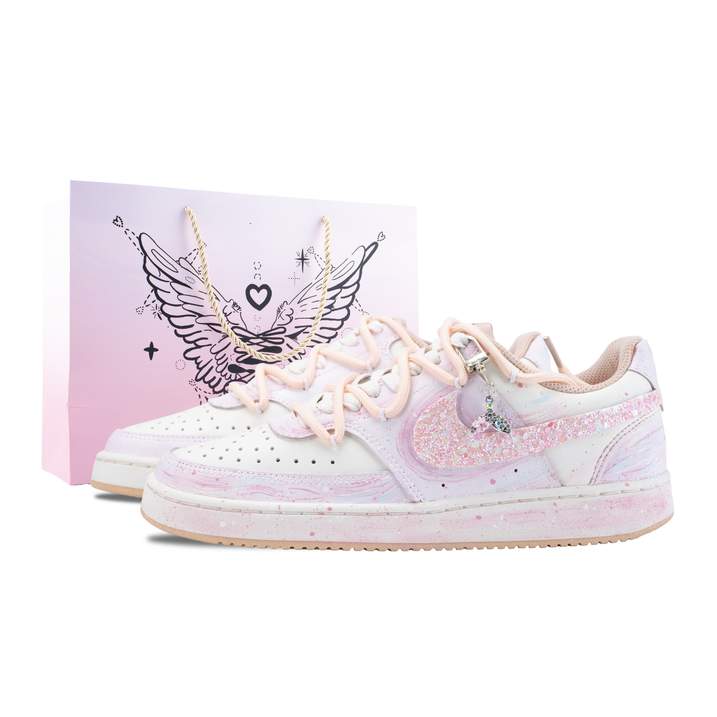 [Custom Sneakers] Nike Court Vision Pink Star Falling Special Gift Bag White Pink Gradient Dreamy Sweet Girl Macaron Simple Versatile Slip-Resistant Wear-Resistant Low-Top Skate Shoes Women's