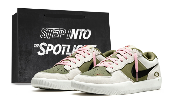 Custom SneakersNike SB Force 58 Pink Ink Olive Suede Synthetic Leather Contrast Color Blocking Trendy Versatile Artistic Atmosphere Boyfriend Color Scheme Anti-Slip Lightweight Skate Shoes Unisex White-Green