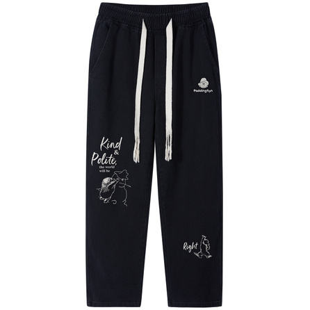 Paddington Bear Bear Pattern Graffiti Print Casual Wide Leg Straight Leg Jeans Black