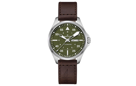 HAMILTON Automatic Mechanical Movement Khaki Pilot Day-Date Men's Swiss Watch 42 Green Dial Stainless Steel Case Leather Strap