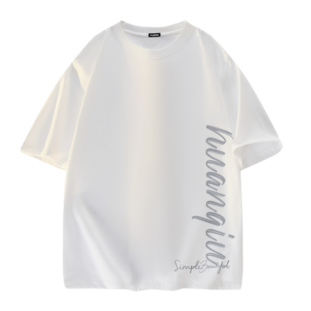 HUANQIU American High-Street Heavyweight Cotton Letter Hand-Signed Color-Block LOGO Side Print Simple Personality Versatile Breathable Moisture-Wicking High-Quality Loose Streetwear College Dopamine Basic Short Sleeve T-Shirt Unisex