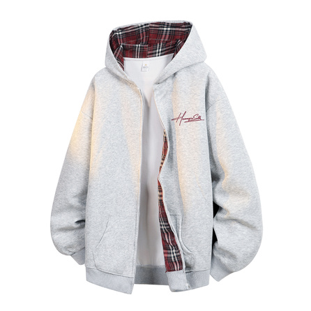 HUANQIU American Trendy Classic High-Street Fashion Patchwork Contrast Plaid Design Letter Brand Logo Print Loose Comfortable Casual Versatile College Style Spring/Autumn Zip Hooded Cardigan Jacket Sweatshirt Unisex