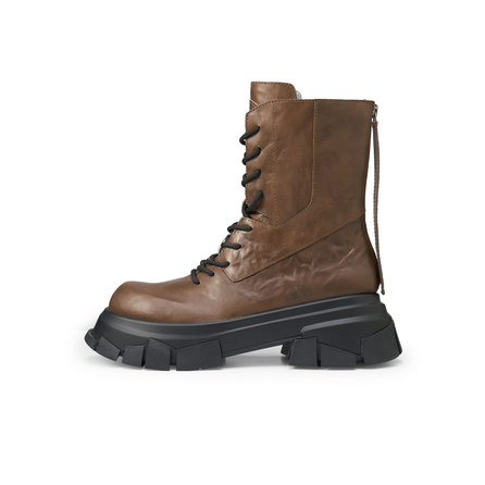 Lost In Echo Fall New Arrival Platform Height Increasing Genuine Leather Round Tip Lace-Up Martin Boots Yellow Boots