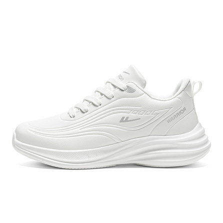 Warrior Unisex 'Bounce Back' Series Thick Sole Comfort Leather Casual Slip-Resistant Breathable Height-Increasing Low-Top Running Shoes White Grey