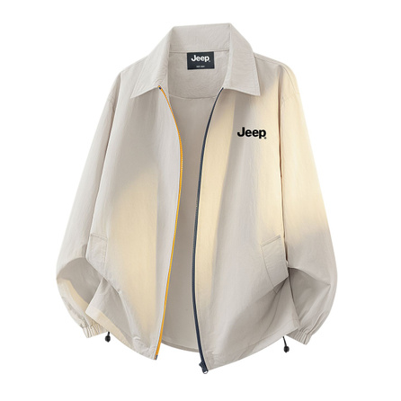 Jeep American Color-Block Zip Edgy Versatile Bomber Baseball Jacket Brand Logo Print Fashion Solid Color Minimalist Loose Functional Silhouette Cargo Turn-Down Collar Jacket Men's