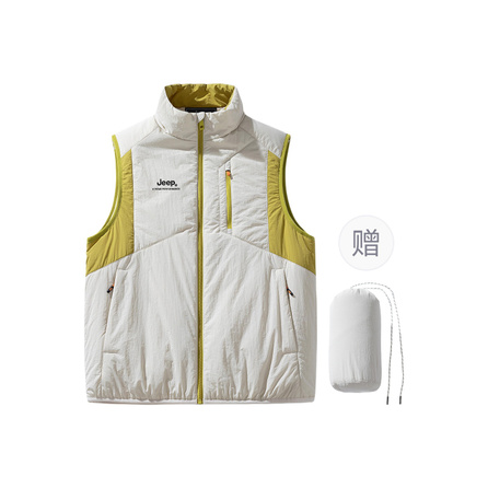 Jeep Lightweight Outdoor Series Lightweight Packable Merino Wool Fleece-Lined Thickened Warm Water-Repellent Windproof Autumn Winter Brand Logo Embroidered Color-Block Geometric Seam Line Zipper Pocket Stand Collar Sleeveless Cargo Cotton Vest Unisex