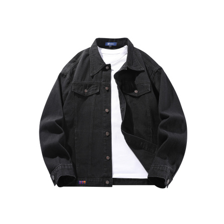 FC Barcelona FCB ARCELONA American High Street Retro Solid Color Washed Loose Versatile Drop Shoulder Long Sleeve Denim Jacket Unisex Black