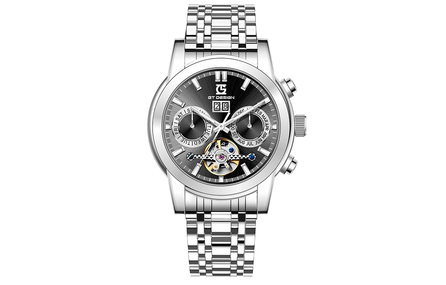 GT DESIGN Simple Fashion Trendy Multifunction Three-Eye Tourbillon Wristwatch Automatic Mechanical Movement Stainless Steel Strap Chinese Watch Men's Black Dial Waterproof Luminous Chronograph Watch Men Students GTM2023301