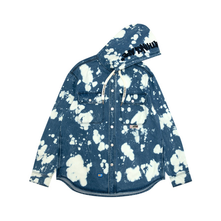 Aape SS26 Bleached Splatter Wash Hooded Denim Jacket Men's Blue