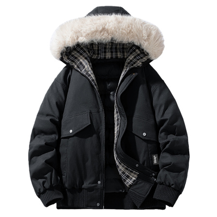 Jeep American Street Style Eagle Fur Collar Hooded Plaid Color-Block Workwear Cotton Puffer Jacket Loose-Fit Versatile Retro Cotton Coat Unisex