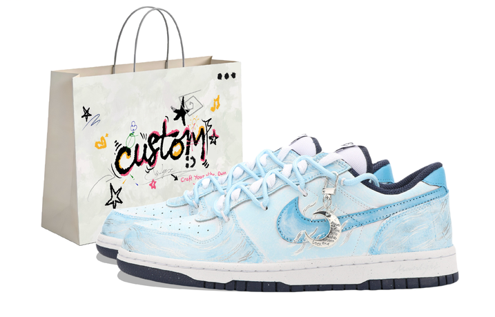 Custom Sneakers Nike Big River Moon Light Water Ripple Vast Smoke Sea Smudge Sparkling Wear-Resistant Anti-Slip Low-Top Skate Shoes Unisex Blue-White