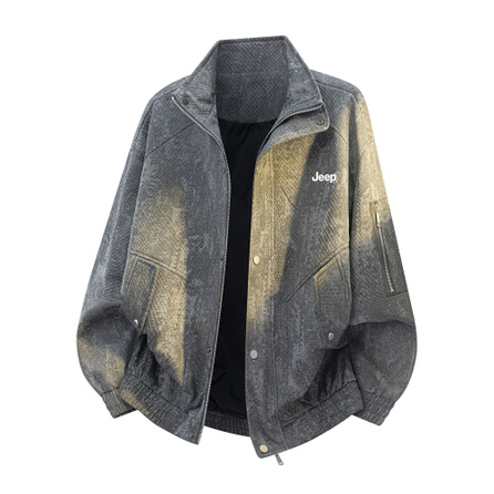 Jeep Jacquard Faux Denim Gradient High Street American Vintage VIBE Casual Outdoor Commute Individual Genderless Patchwork Multi-Pocket Urban Functional Windproof Stand Collar Jacket Unisex