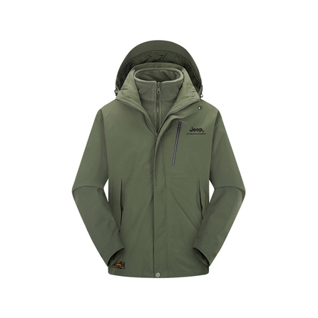 Jeep Premium Brand Logo Embroidered Mountain Outdoor 3-in-1 Detachable Fleece Lining Mountaineering Workwear Long Sleeve Waterproof Windproof Breathable Wear-Resistant Warm Anti-Static Jacket Unisex