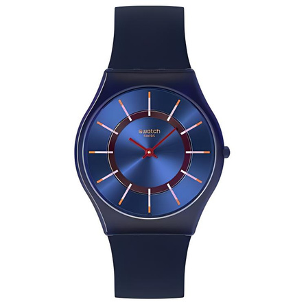 SWATCH SKIN Series Quartz Movement 30m Water Resistant Unisex Swiss Watch 34mm Blue Dial Bio-Based Case Silicone Strap