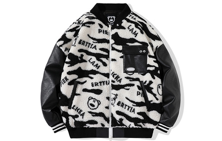 LAMLICKA Little Devil Graffiti Color Block PU Sleeve Sherpa Lined Geometric Pattern Baseball Collar Loose Fit Jacket Unisex
