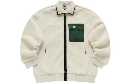 FILA FUSION x FACETASM Collaboration Patchwork Zipper Lapel Long Sleeve Velvet Touch Jacket Unisex Feather Soft White
