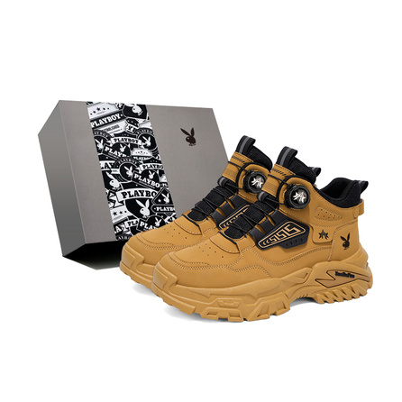 Playboy Mountain Functional Retro Classic Outdoor Mountaineering Hiking Sports Knob Adjustment Slip-On Daily Work Commute Casual Comfortable Fashion Versatile Thick Sole Height Increasing Anti-Slip Wear-Resistant Mid-Top Martin Boots Men's Gift Box Versio