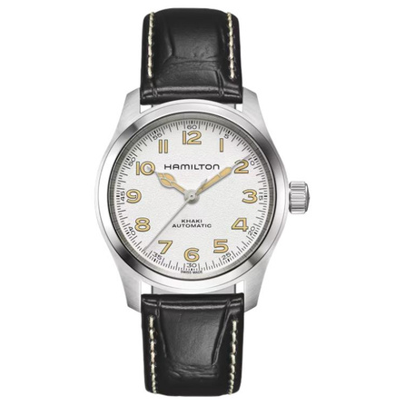 HAMILTON Unisex Khaki Field Series Automatic Mechanical Movement 100m Water Resistant Swiss Watch 38mm White Dial Stainless Steel Case Leather Strap