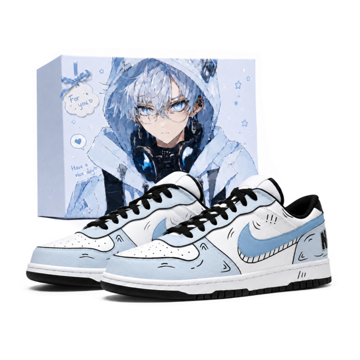 [Custom Sneakers] Nike Big Wind-Chasing Youth Anime Manga Style Light Blue Grey Premium Boyfriend Commute Daily Versatile Campus Student Low-Top Skateboard Shoes Men's