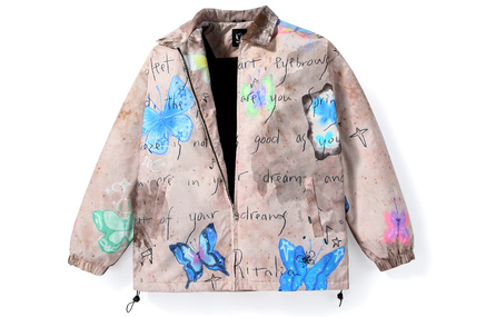 GENANX Lightning Brand Retro Style Butterfly Print Letter All-Over Print Drop Shoulder Elastic Long Sleeve Cotton Jacket Unisex Pattern Print