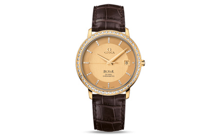 OMEGA De Ville Elegance Automatic Mechanical Movement 30M Water-Resistant Men's Watch Swiss Watch 36.5mm Gold Dial 18k Yellow Gold Case Alligator Strap