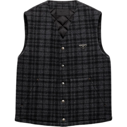 PRADA FW24 Logo Metal Emblem Plaid V-Neck Vest Men's Charcoal Grey