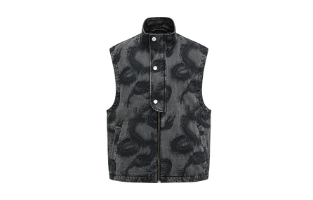 Feng Chen Wang Year of the Dragon Series Dragon Totem Jacquard Embroidery Logo Denim Vest Unisex Dark Gray