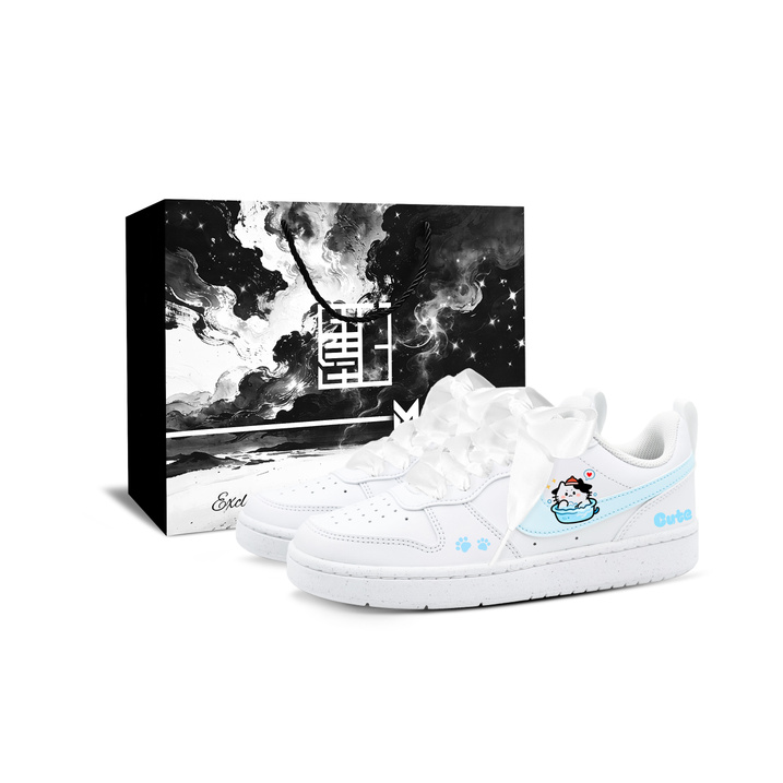NikeCourt Borough Custom Bathing Cat-BOX Ink White Playful Cute Gift Box Student Affordable Campus Style Fresh Trendy Lightweight Low-Top Kids' Skate Shoes Blue-White Youth